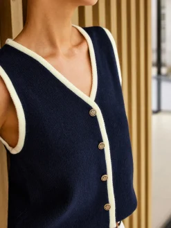 COMMENSE Contrast Binding Golden Button Sweater Vest* Sweater Vests|Sweaters & Cardigans