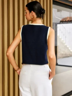 COMMENSE Contrast Binding Golden Button Sweater Vest* Sweater Vests|Sweaters & Cardigans