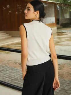 COMMENSE Contrast Binding High Neck Knit Vest* Sweater Vests|Sweaters & Cardigans