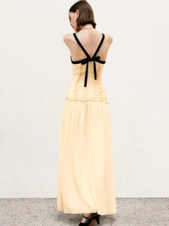 COMMENSE Contrast Binding Pleated Long Dress* Cocktail & Party Dresses|Vacation Dresses