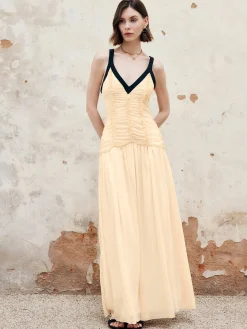 COMMENSE Contrast Binding Pleated Long Dress* Cocktail & Party Dresses|Vacation Dresses