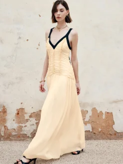 COMMENSE Contrast Binding Pleated Long Dress* Cocktail & Party Dresses|Vacation Dresses