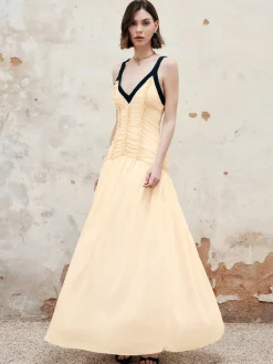 COMMENSE Contrast Binding Pleated Long Dress* Cocktail & Party Dresses|Vacation Dresses