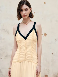 COMMENSE Contrast Binding Pleated Long Dress* Cocktail & Party Dresses|Vacation Dresses