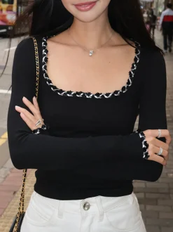 COMMENSE Contrast Binding Ribbed T-Shirt* T-shirts|Tops