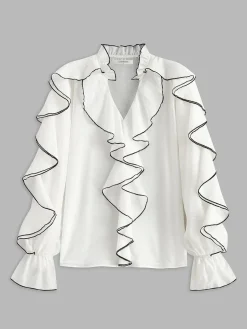 COMMENSE Contrast Binding Ruffle Thin Blouse* Tops