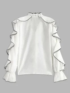 COMMENSE Contrast Binding Ruffle Thin Blouse* Tops