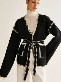 COMMENSE Contrast Binding Split Cardigan With Belt* Cardigans|Sweaters & Cardigans