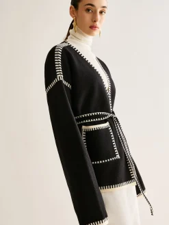 COMMENSE Contrast Binding Split Cardigan With Belt* Cardigans|Sweaters & Cardigans