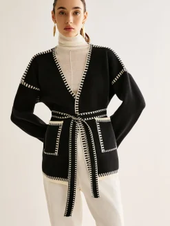 COMMENSE Contrast Binding Split Cardigan With Belt* Cardigans|Sweaters & Cardigans