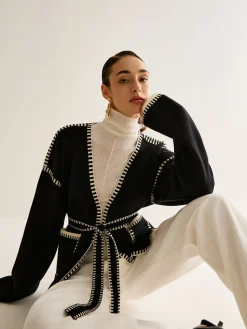 COMMENSE Contrast Binding Split Cardigan With Belt* Cardigans|Sweaters & Cardigans