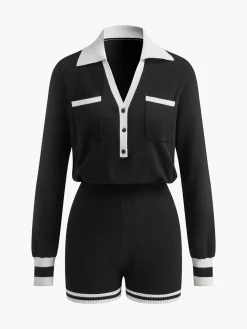 COMMENSE Contrast Binding V-Neck Knit Jumpsuits* Black Dresses|Jumpsuits & Rompers