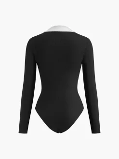 COMMENSE Contrast Binding V-Neck Long Sleeve Bodysuit* Bodysuits|Tops