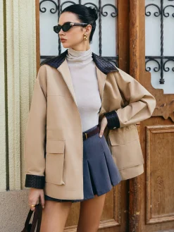 COMMENSE Contrast Collar Drawstring Faux Leather Jacket* Outerwear|Jackets