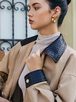 COMMENSE Contrast Collar Drawstring Faux Leather Jacket* Outerwear|Jackets