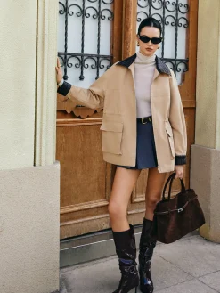 COMMENSE Contrast Collar Drawstring Faux Leather Jacket* Outerwear|Jackets
