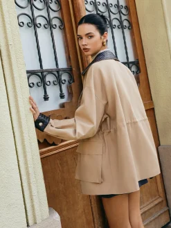 COMMENSE Contrast Collar Drawstring Faux Leather Jacket* Outerwear|Jackets