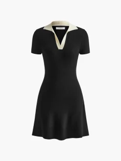 COMMENSE Contrast Collar Flowy Sweater Short Dress* Black Dresses|Sweater Dresses