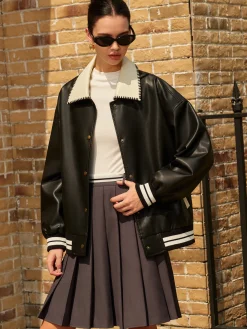 COMMENSE Contrast Collar PU Leather Bomber Jacket* Outerwear|Jackets