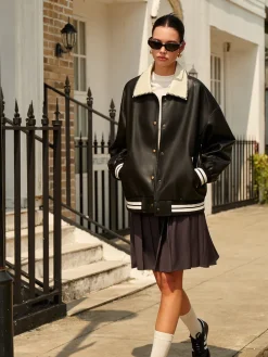 COMMENSE Contrast Collar PU Leather Bomber Jacket* Outerwear|Jackets