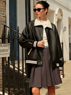 COMMENSE Contrast Collar PU Leather Bomber Jacket* Outerwear|Jackets