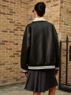 COMMENSE Contrast Collar PU Leather Bomber Jacket* Outerwear|Jackets