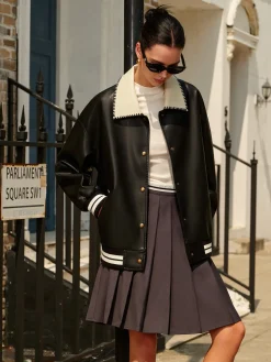 COMMENSE Contrast Collar PU Leather Bomber Jacket* Outerwear|Jackets