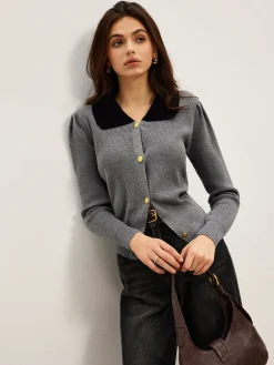 COMMENSE Contrast Collar Slim Button Cardigan* Cardigans|Sweaters & Cardigans