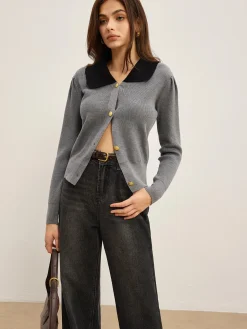 COMMENSE Contrast Collar Slim Button Cardigan* Cardigans|Sweaters & Cardigans
