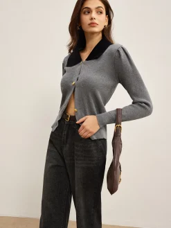 COMMENSE Contrast Collar Slim Button Cardigan* Cardigans|Sweaters & Cardigans