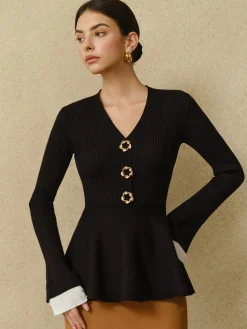 COMMENSE Contrast Cuff Ruffle Knit Top* Sweater Tops|Sweaters & Cardigans