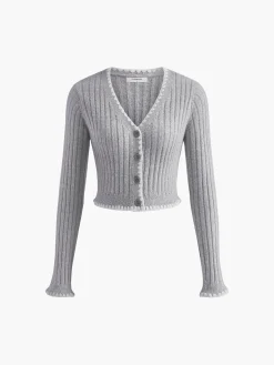 COMMENSE Contrast Embroidered Trim Button Cardigan* Cardigans|Sweaters & Cardigans