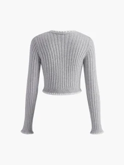 COMMENSE Contrast Embroidered Trim Button Cardigan* Cardigans|Sweaters & Cardigans