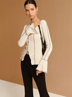 COMMENSE Contrast Lettuce Trim Button Slit Top* Tops