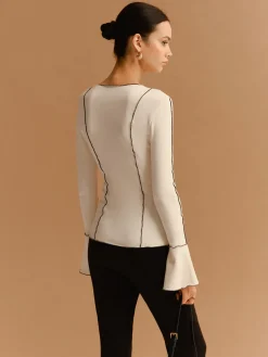 COMMENSE Contrast Lettuce Trim Button Slit Top* Tops