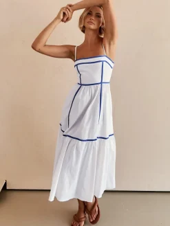 COMMENSE Contrast Line Decor Cami Long Dress* White Dresses|Casual Dresses