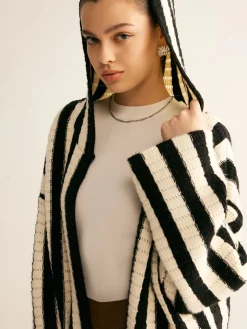COMMENSE Contrast Pinstripe Hooded Cardigan* Cardigans|Sweaters & Cardigans