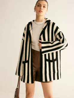 COMMENSE Contrast Pinstripe Hooded Cardigan* Cardigans|Sweaters & Cardigans