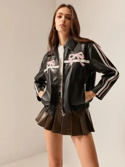 COMMENSE Contrast Pinstripe PU Leather Jacket* Outerwear|Tops