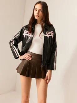 COMMENSE Contrast Pinstripe PU Leather Jacket* Outerwear|Tops