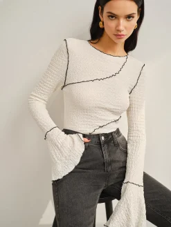 COMMENSE Contrast Piping Bell Sleeve T-Shirt* T-shirts|Tops