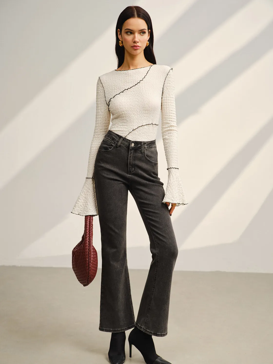 COMMENSE Contrast Piping Bell Sleeve T-Shirt* T-shirts|Tops