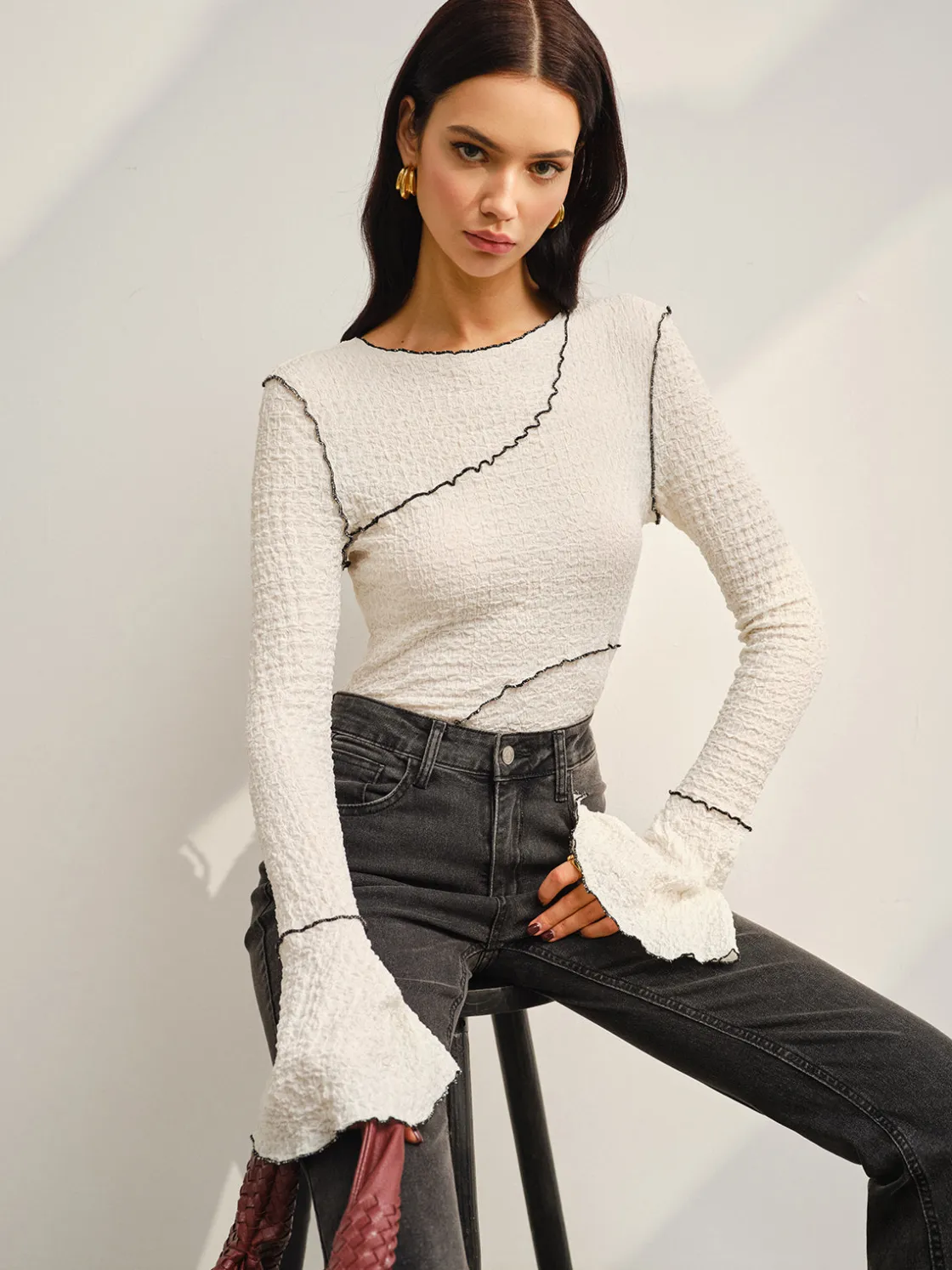 COMMENSE Contrast Piping Bell Sleeve T-Shirt* T-shirts|Tops