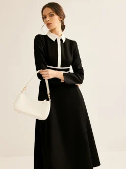 COMMENSE Contrast Piping Long Sleeve Lapel Dress* Black Dresses|Casual Dresses