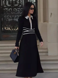 COMMENSE Contrast Piping Long Sleeve Lapel Dress* Black Dresses|Casual Dresses