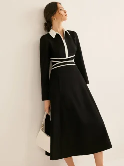 COMMENSE Contrast Piping Long Sleeve Lapel Dress* Black Dresses|Casual Dresses
