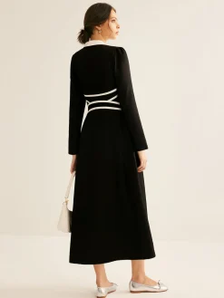 COMMENSE Contrast Piping Long Sleeve Lapel Dress* Black Dresses|Casual Dresses