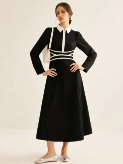 COMMENSE Contrast Piping Long Sleeve Lapel Dress* Black Dresses|Casual Dresses
