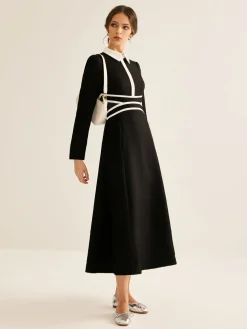 COMMENSE Contrast Piping Long Sleeve Lapel Dress* Black Dresses|Casual Dresses