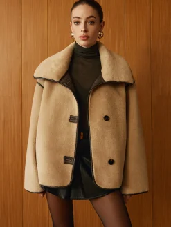 COMMENSE Contrast Piping Shift Minky Coat* Outerwear|Jackets